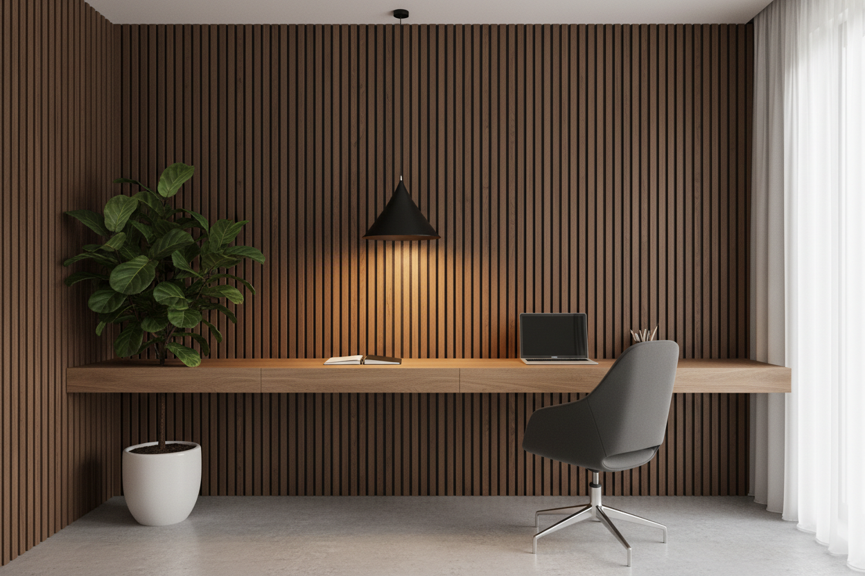 Home office com ripas de madeira