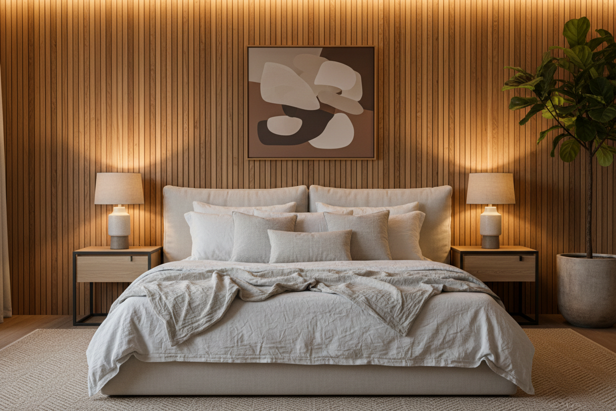 Quarto com ripas de madeira